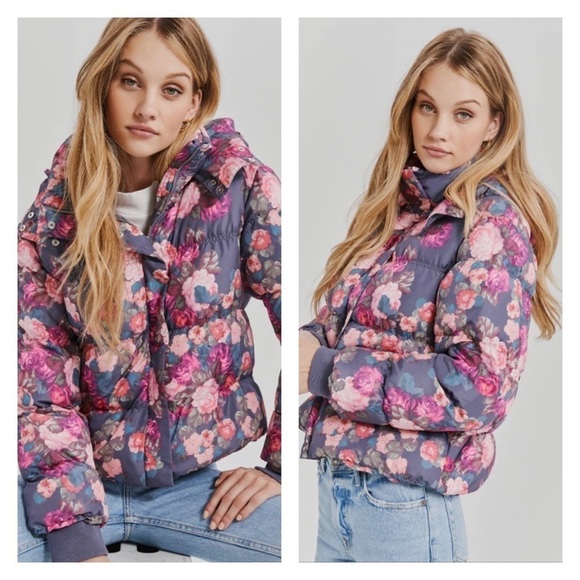 SOMETHING NAVY x Revolve Purple Pink Floral Puffer Jacket XXL NWT - Picture 1 of 10